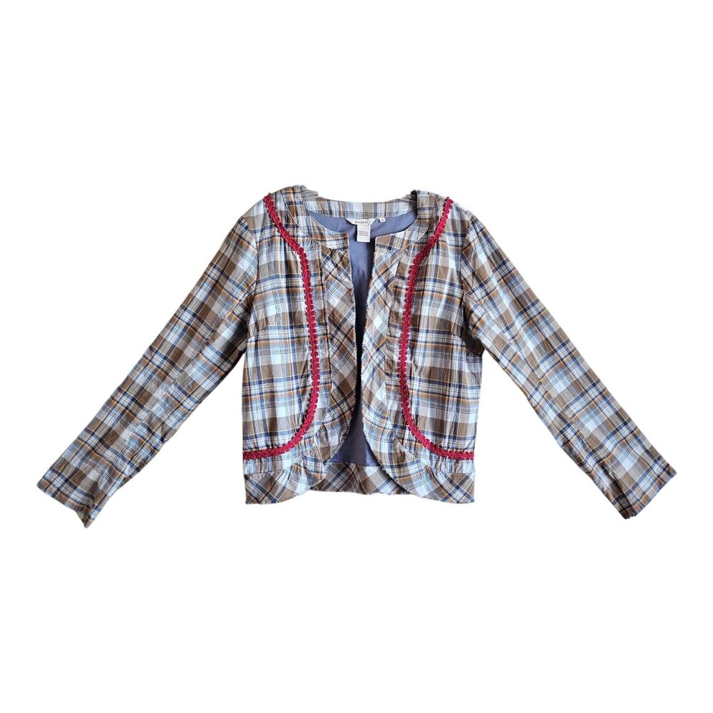 SUNDANCE Women 10 Jacket Lightweight Plaid Ric Rac Western Open Front Lined 40"
